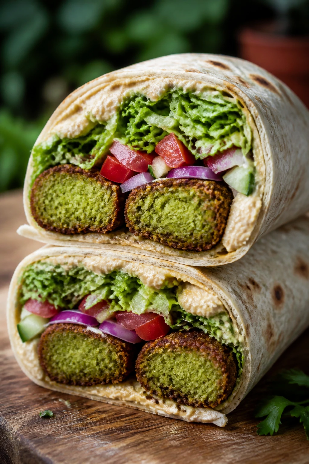 Close-up Falafel Hummus Veggie Wrap cross-section with hummus and veggies