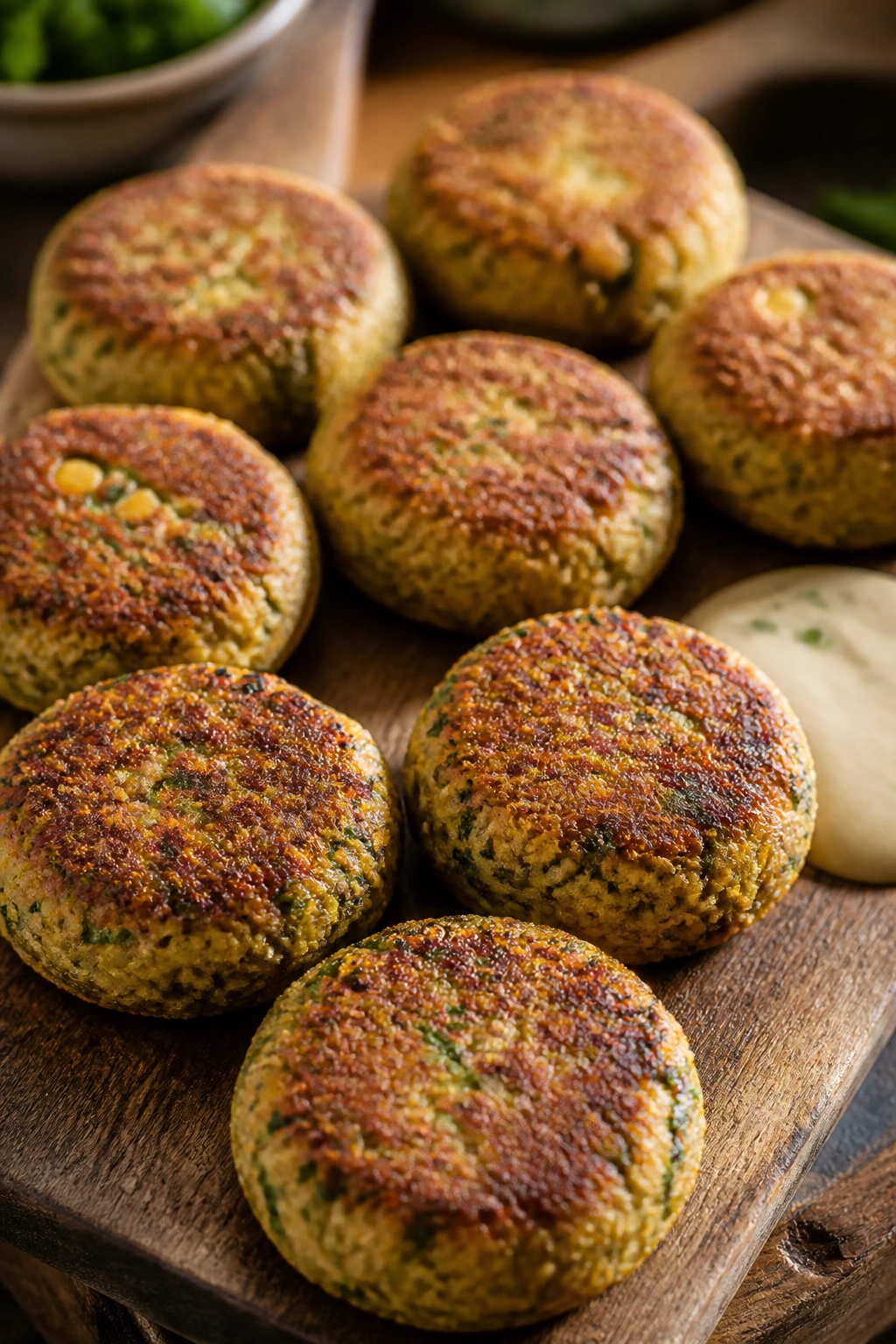 Close-up of falafel-style burger patties with tahini sauce on a wooden board