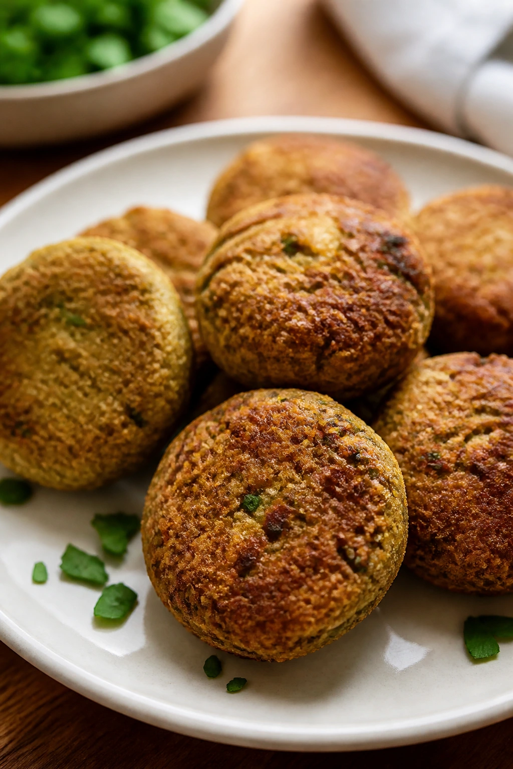 Close-up of golden falafel patties on a plate in a warm kitchen