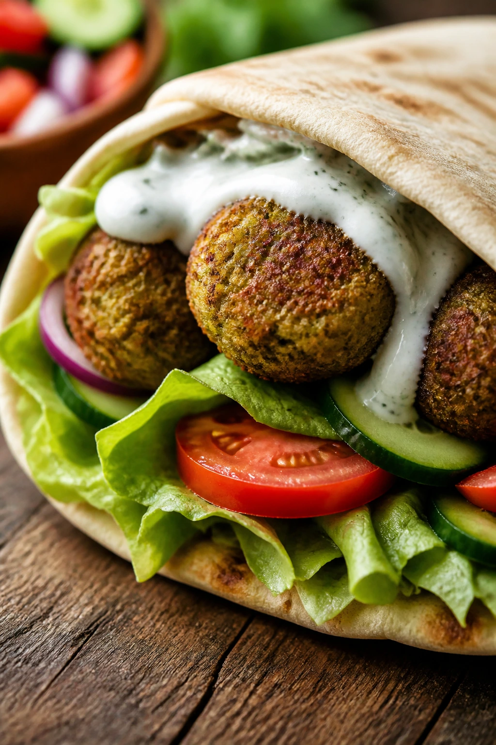 Close-up of a baked falafel pita sandwich with lettuce, cucumber, tomato and yogurt sauce