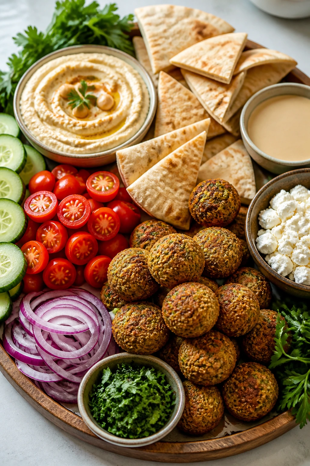 Colorful falafel pita board with hummus and veggies