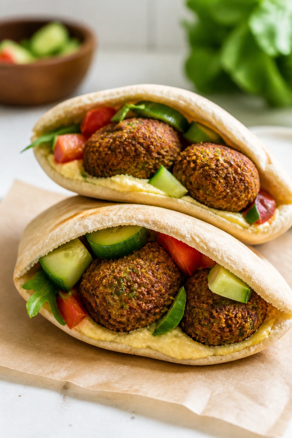 Close-up of falafel pockets with hummus and vegetables inside pita
