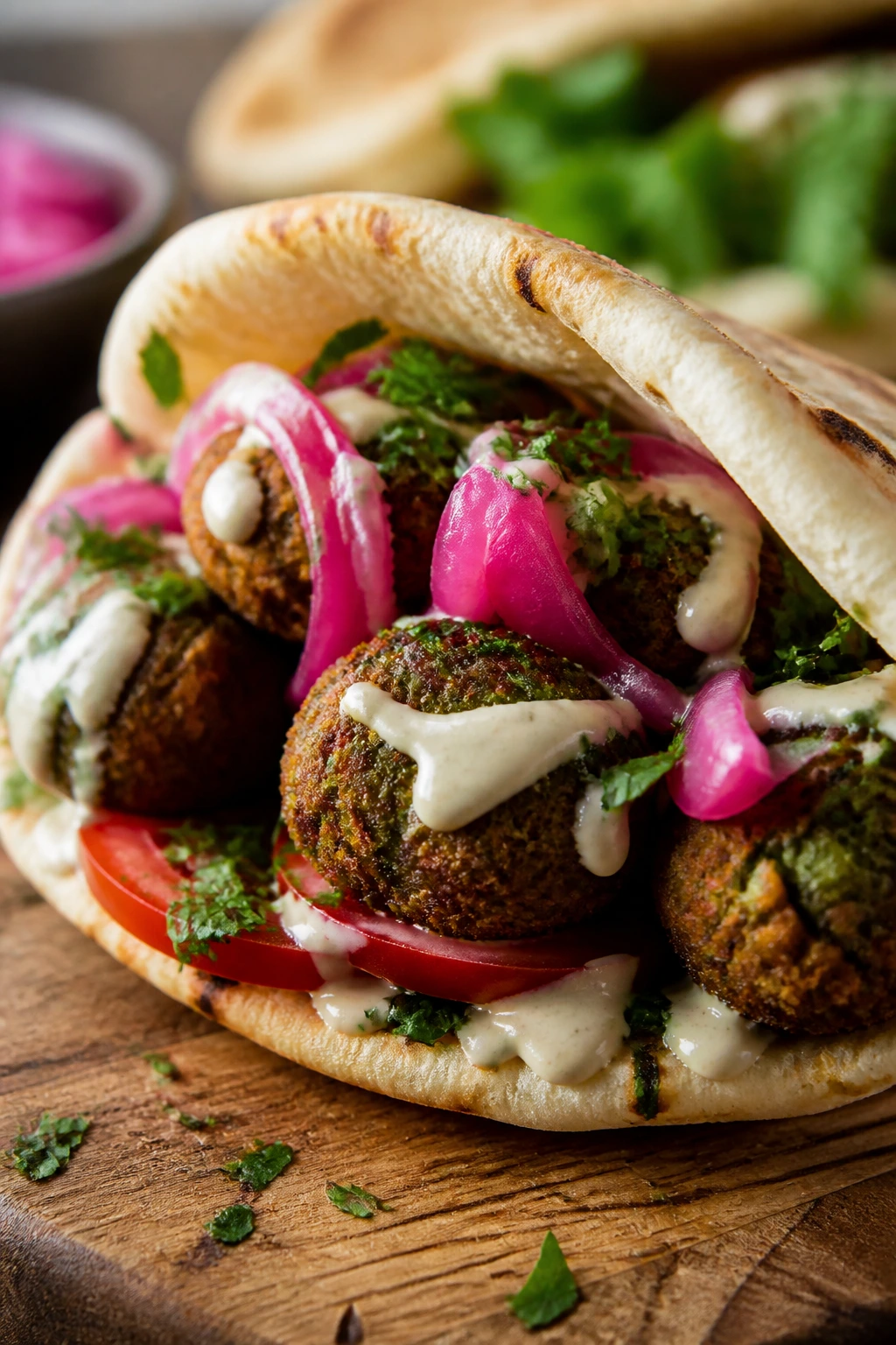 Pita filled with falafel and pickled onions on a wooden surface