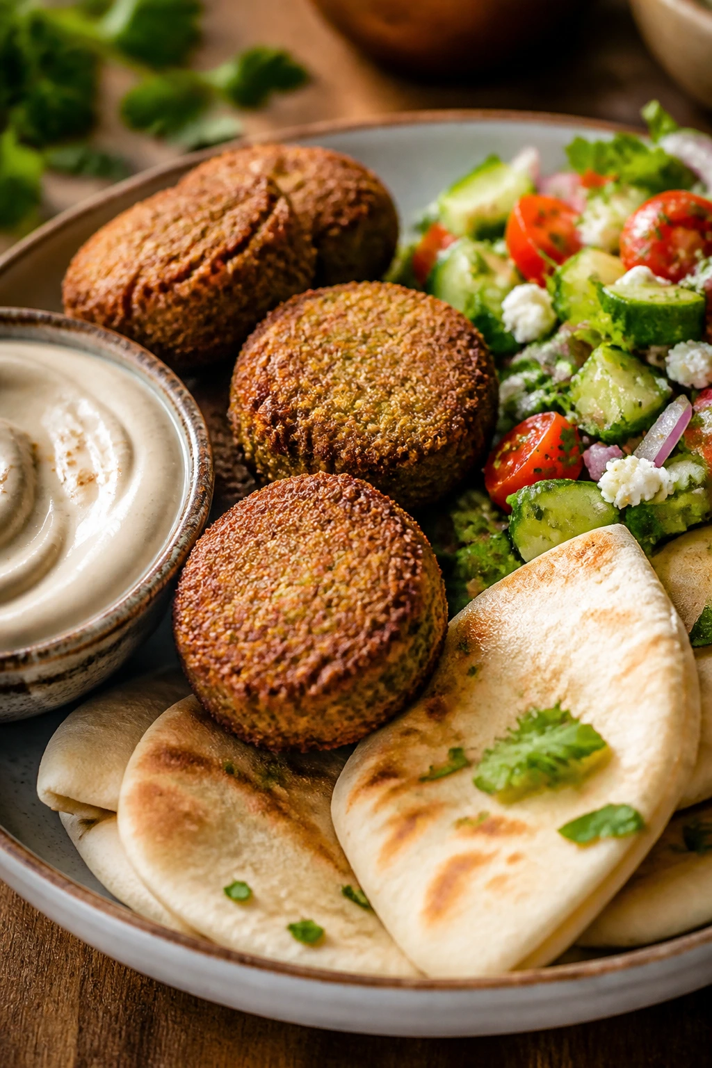 Close-up of falafel pita plates with fresh salad and tahini on a wooden table
