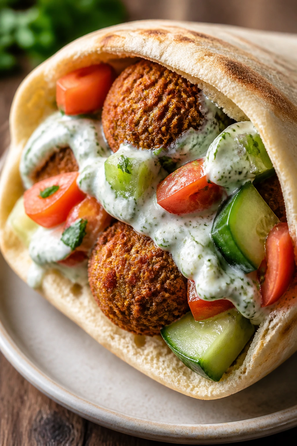 Close-up of falafel pita pockets open with fillings