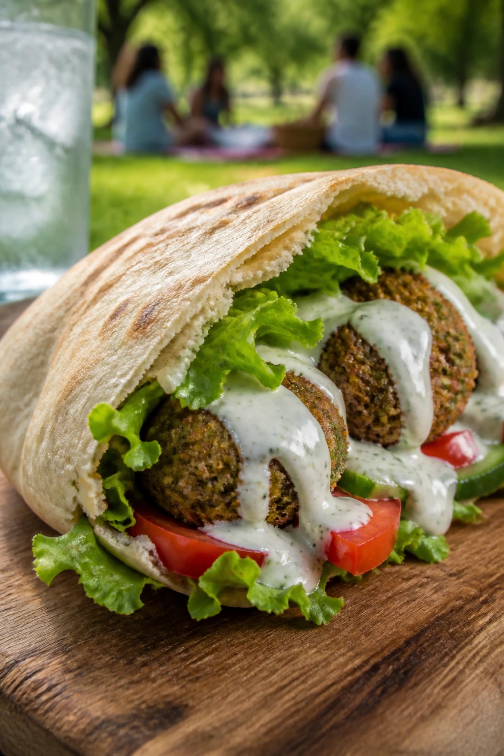 Close-up of falafel pita pockets with tahini yogurt in a park picnic setting