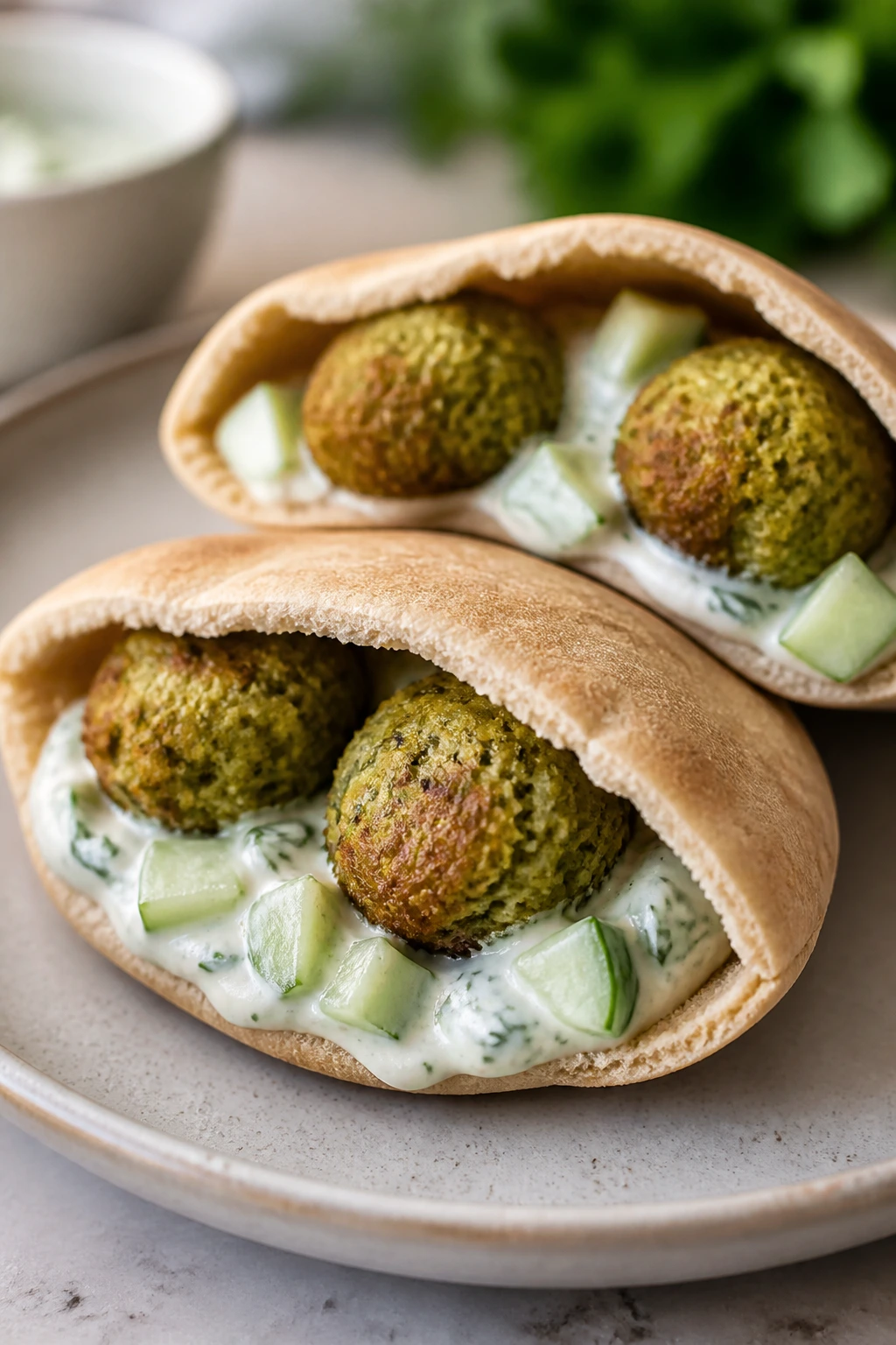 Close-up of baked falafel pita pockets with cucumber-yogurt sauce