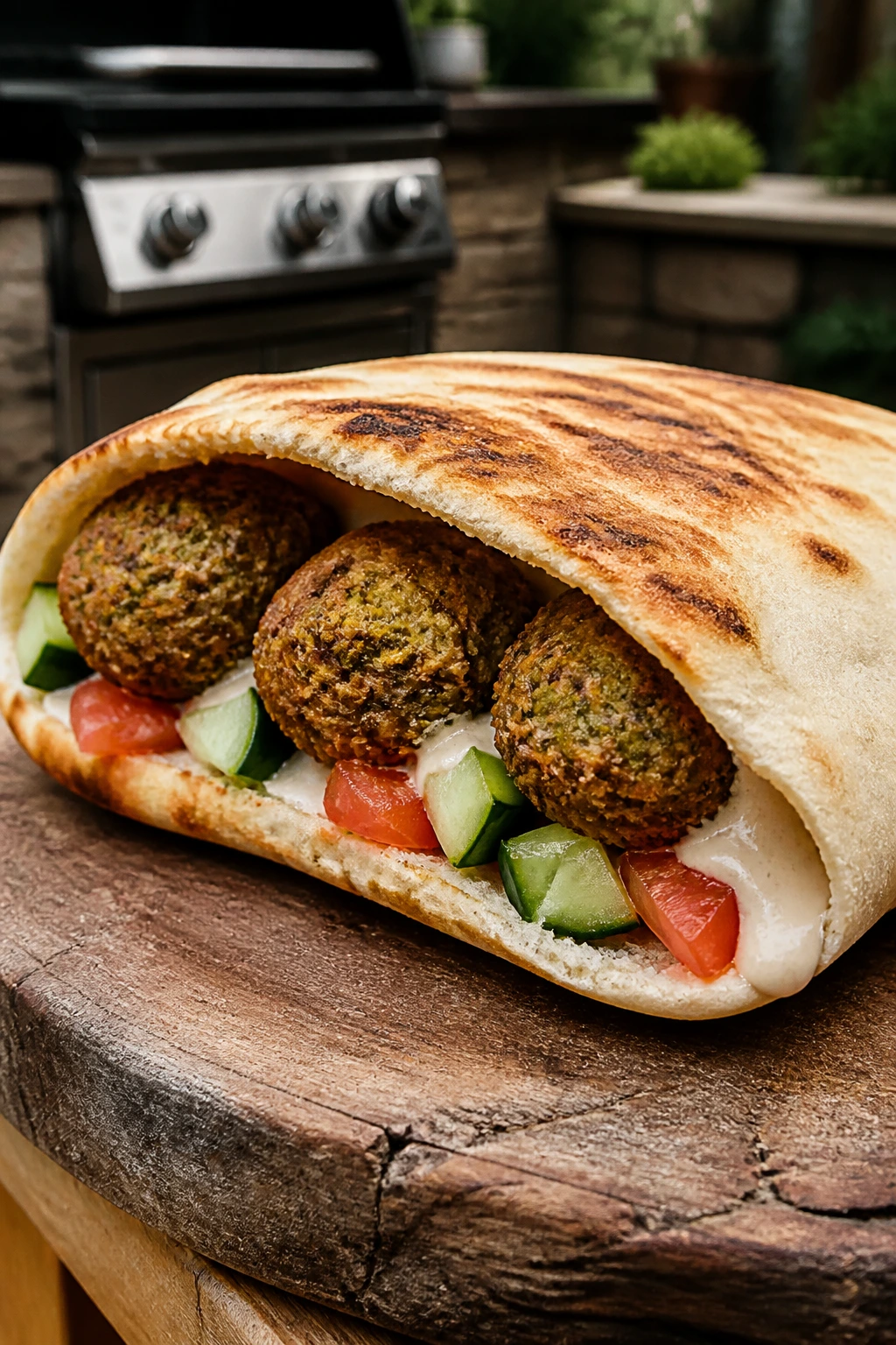 Close-up of pressed falafel pita with cucumber and tomato in a warm pita