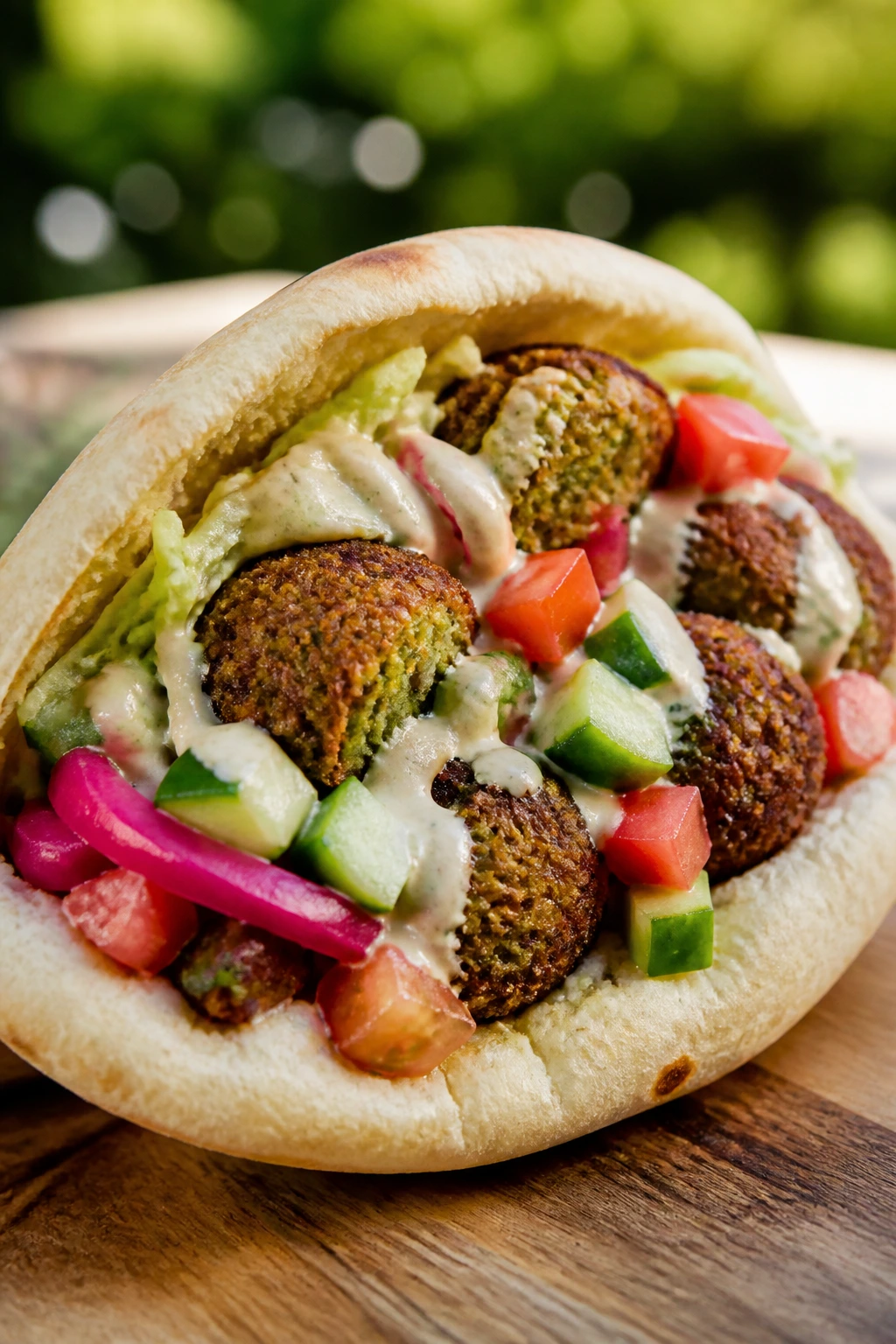 Close-up of Falafel Pita Sandwich showing crisp falafel and fresh veggies in a pita pocket.
