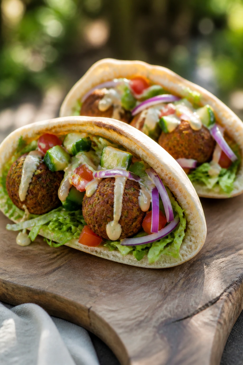 Close-up two falafel pita sandwiches with veggies and tahini on wooden board outdoors