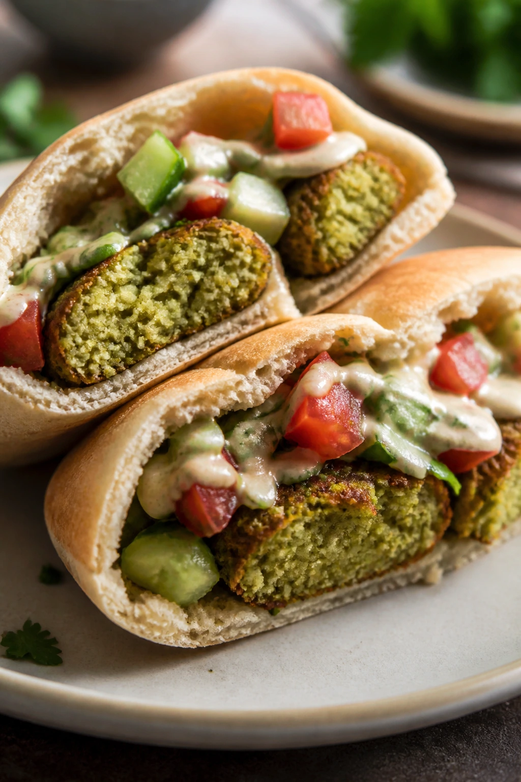 Halved falafel pita pocket with cucumber and tomato in a bright kitchen