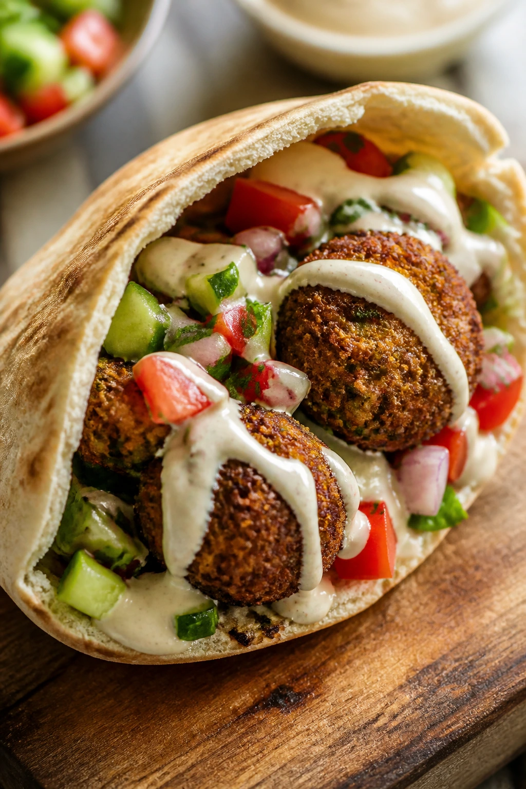 Close-up of falafel pita pocket with tahini sauce and vegetables