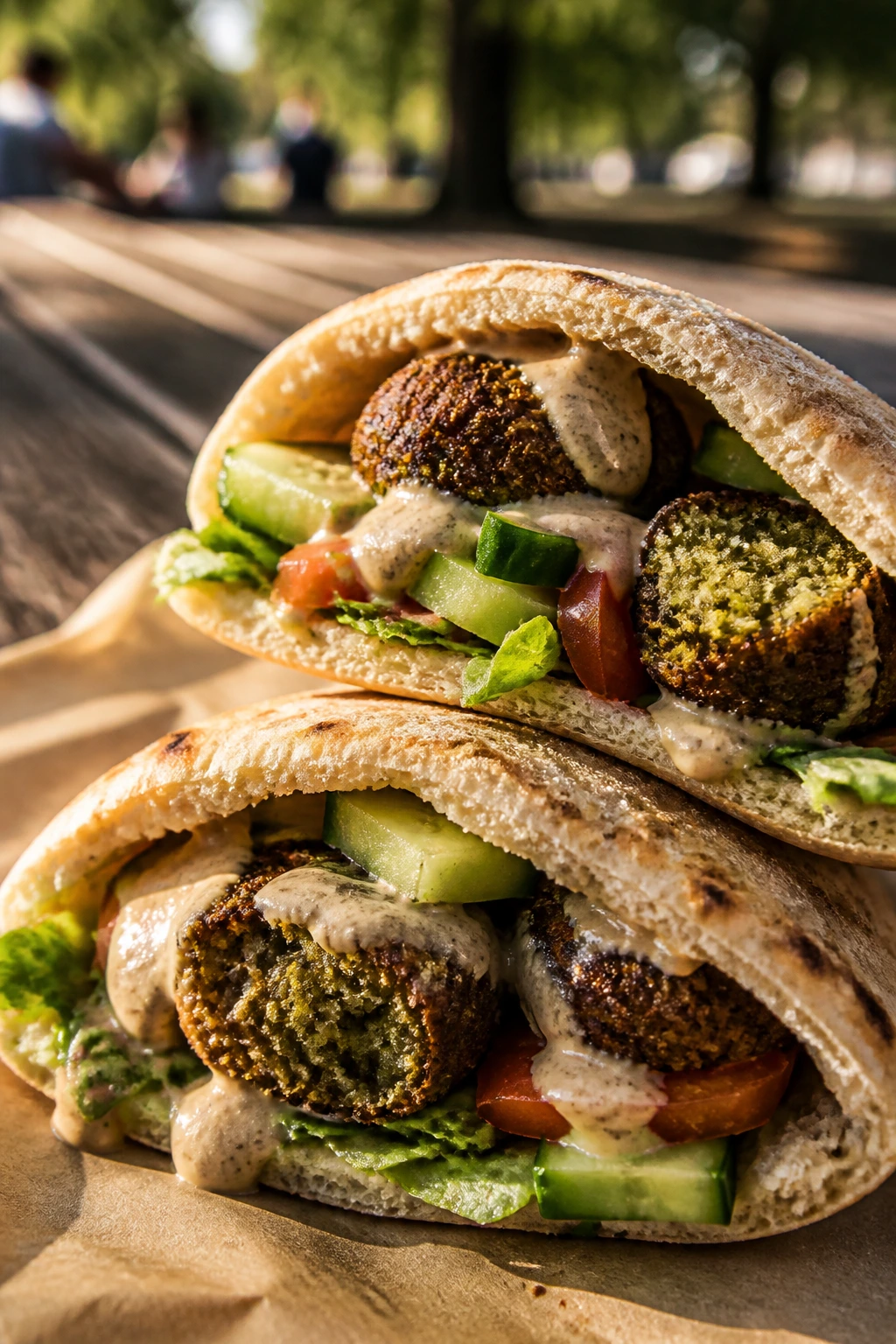 Halved falafel pita sandwich with tahini and vegetables