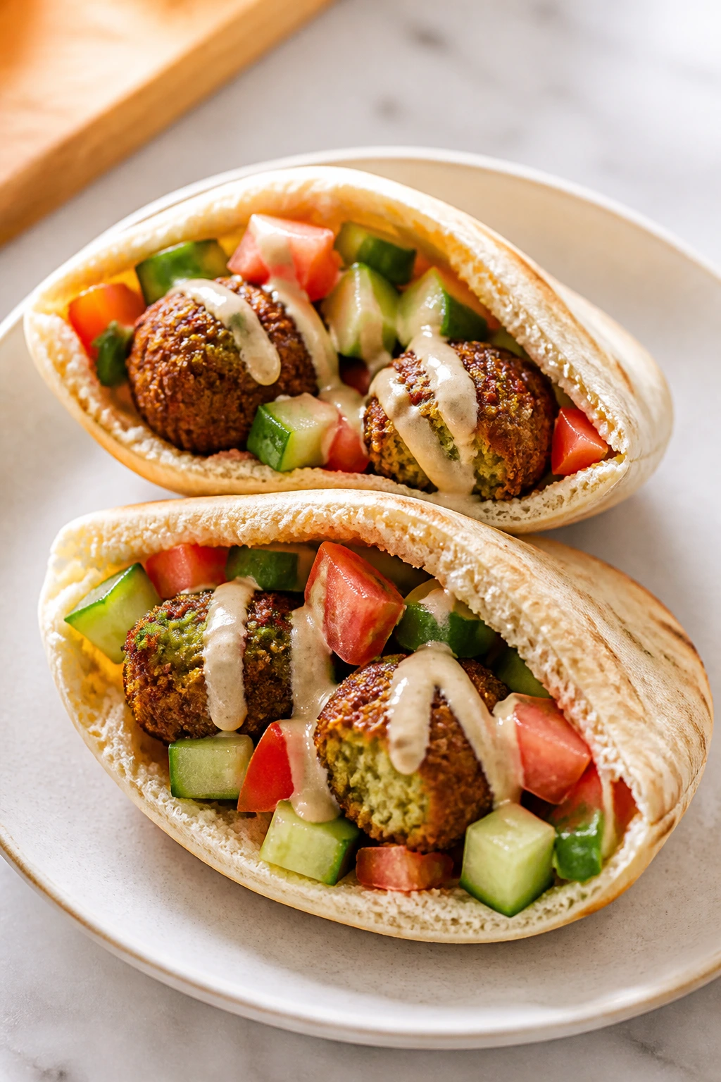 Close-up of crisp falafel in mini pitas with cucumber and tomato and tahini