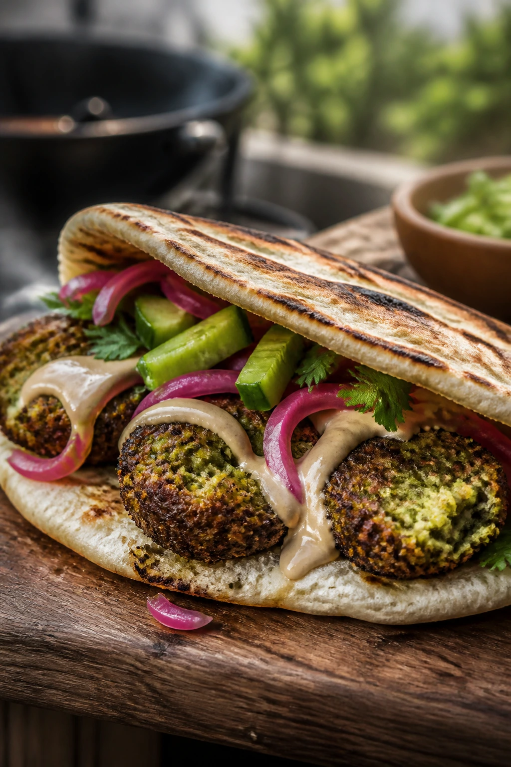 Close-up of Crispy Falafel Pita with tahini and cucumber