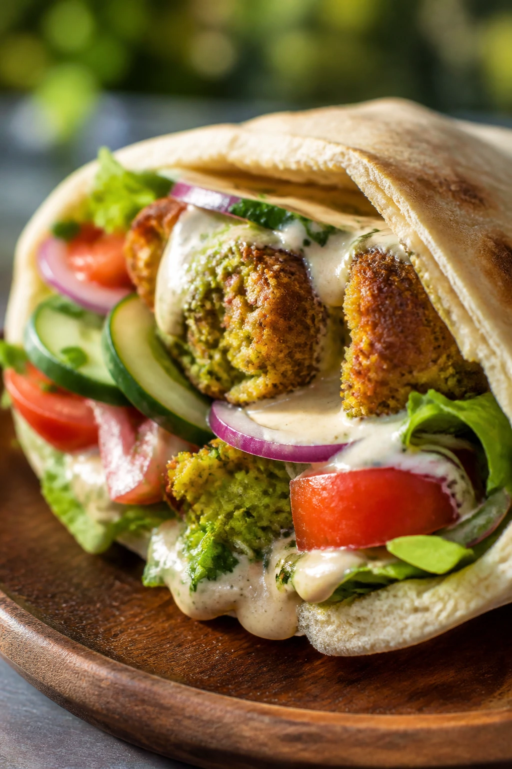 Close-up of falafel pita with tahini and vegetables