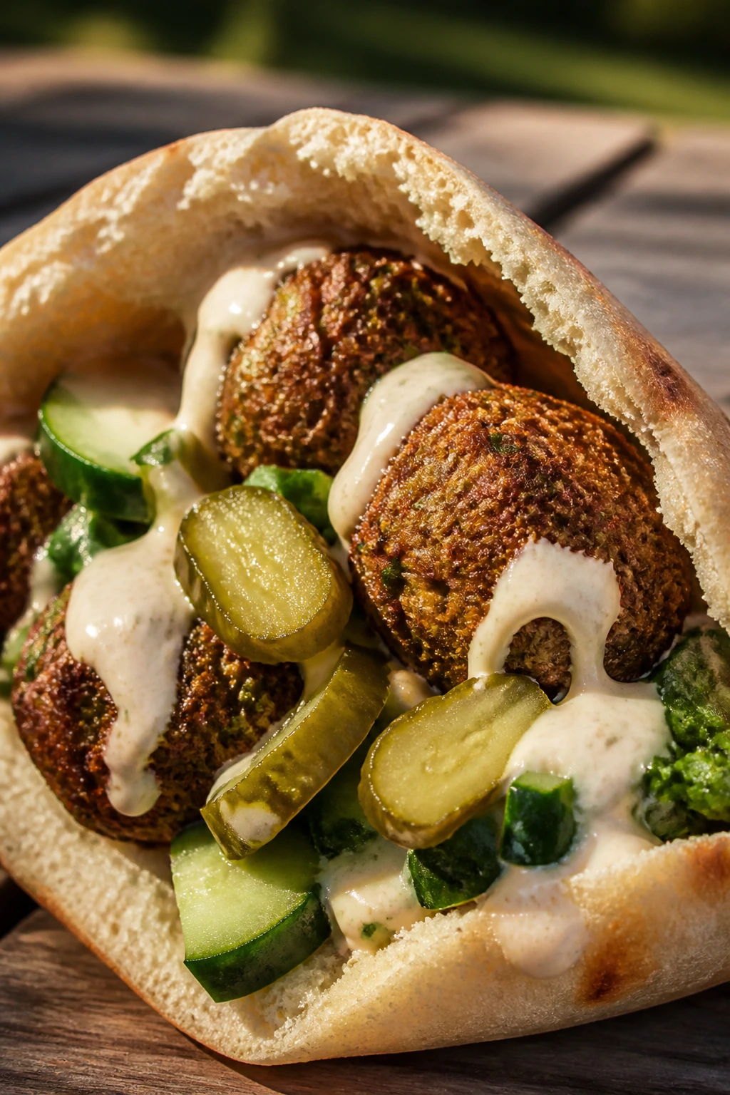 Close-up of a falafel pita with tahini and pickles on a picnic setup