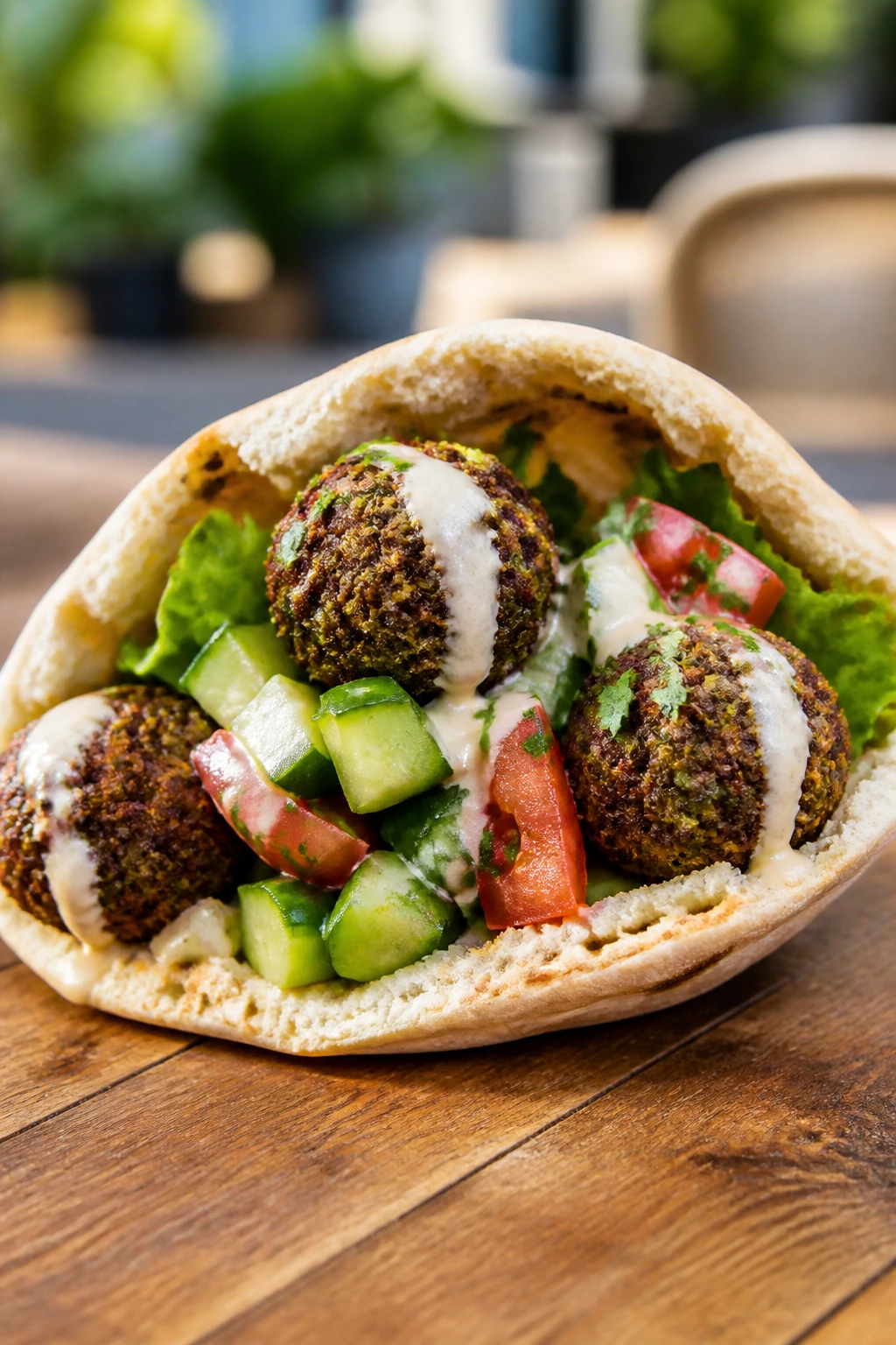 Falafel pita sandwich opened to show falafel and fresh veggies on outdoor table