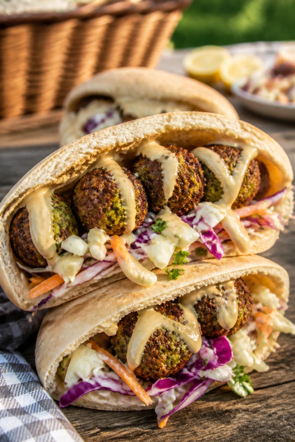 Close up of a falafel pita stuffed with tahini slaw on a rustic picnic table