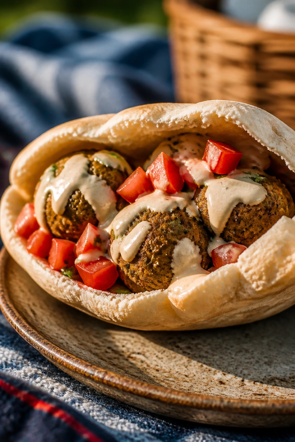 Falafel pita with tahini and tomato close-up outdoors