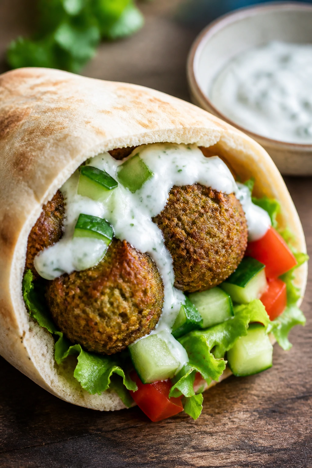 Close-up of falafel pita pockets with tzatziki sauce for lunchbox