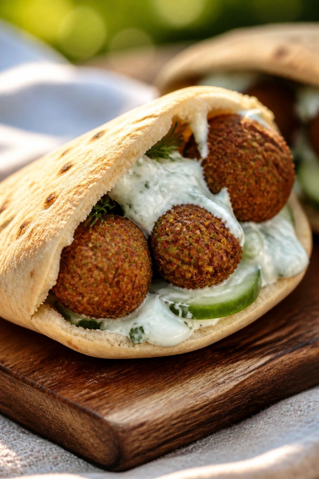 Open pita stuffed with falafel and tzatziki on wooden surface