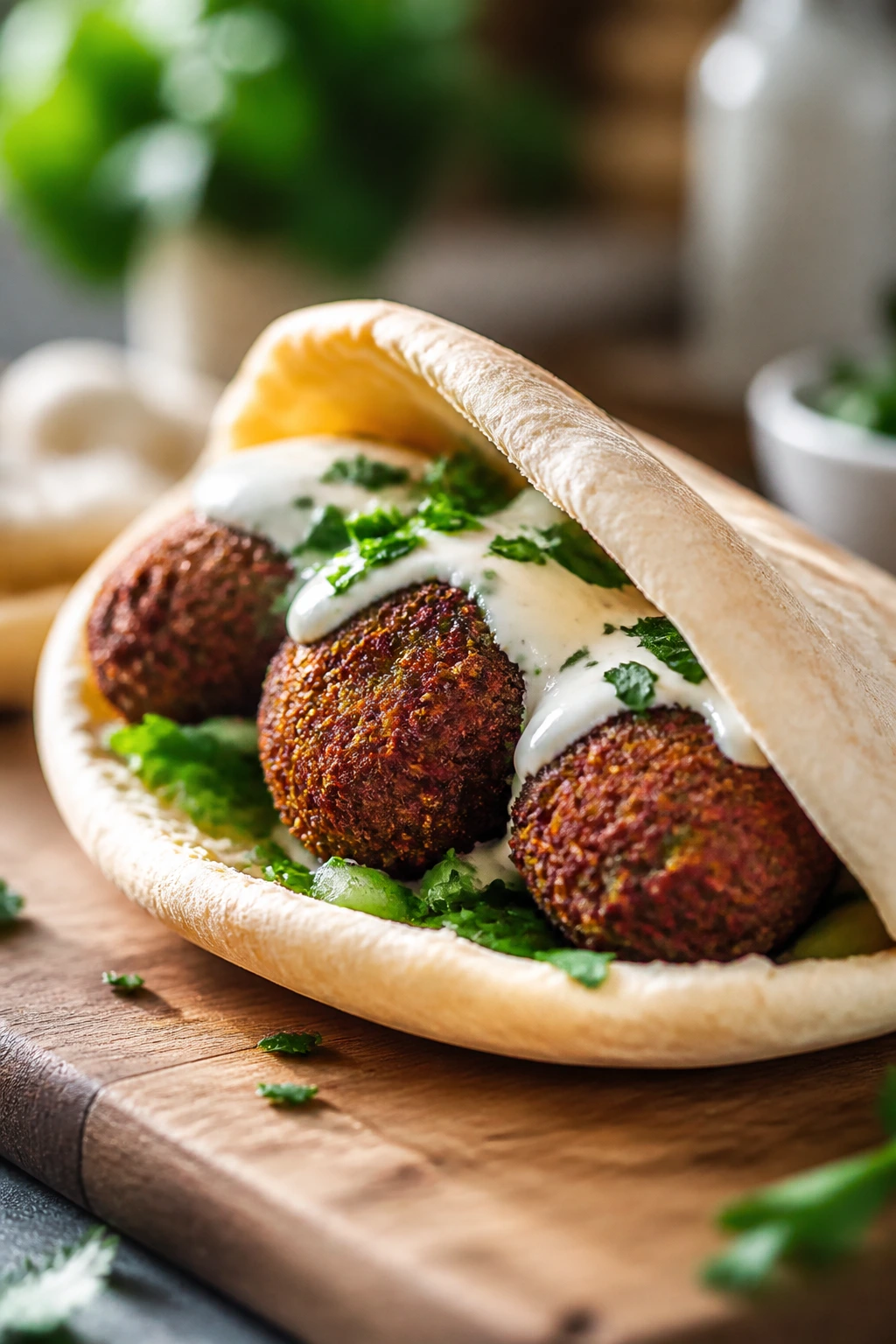 Close-up of crispy falafel patties in a pita with yogurt sauce