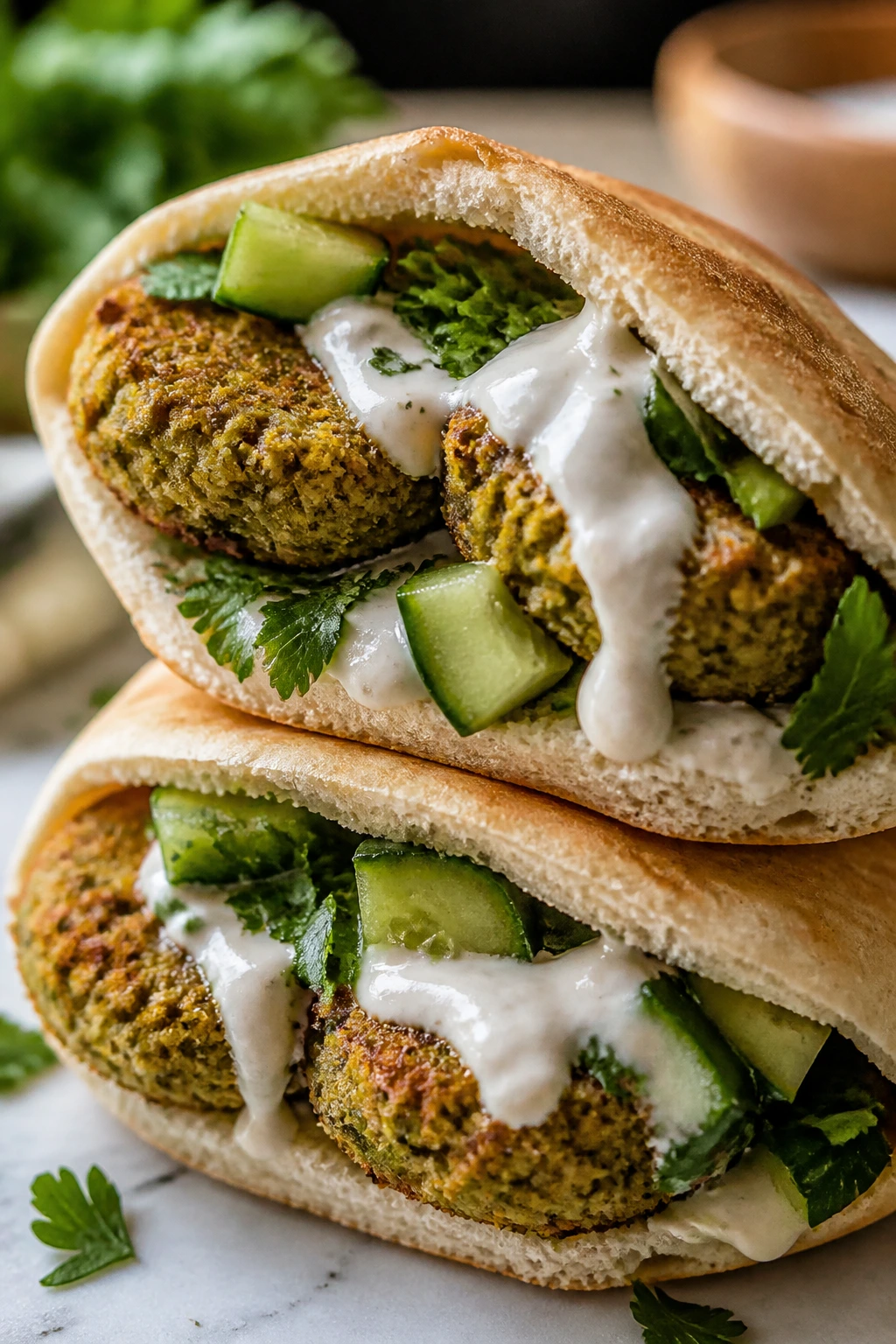 Halved pita with baked falafel and yogurt drizzle inside