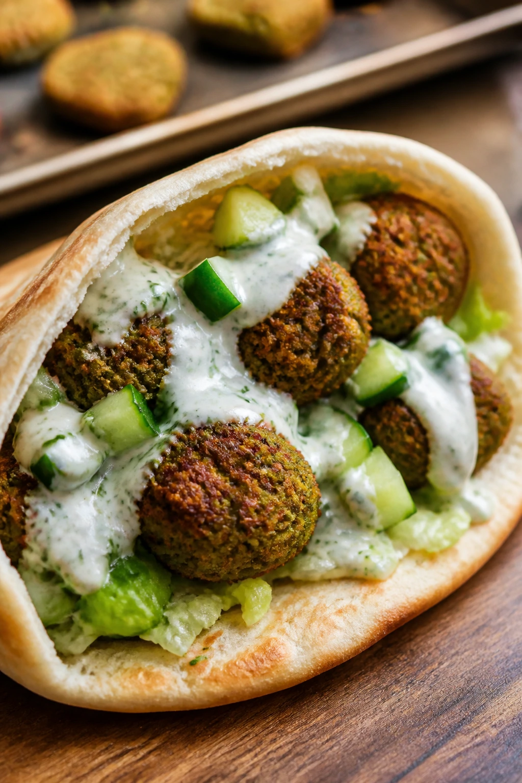 Close-up of baked falafel in a pita with yogurt sauce