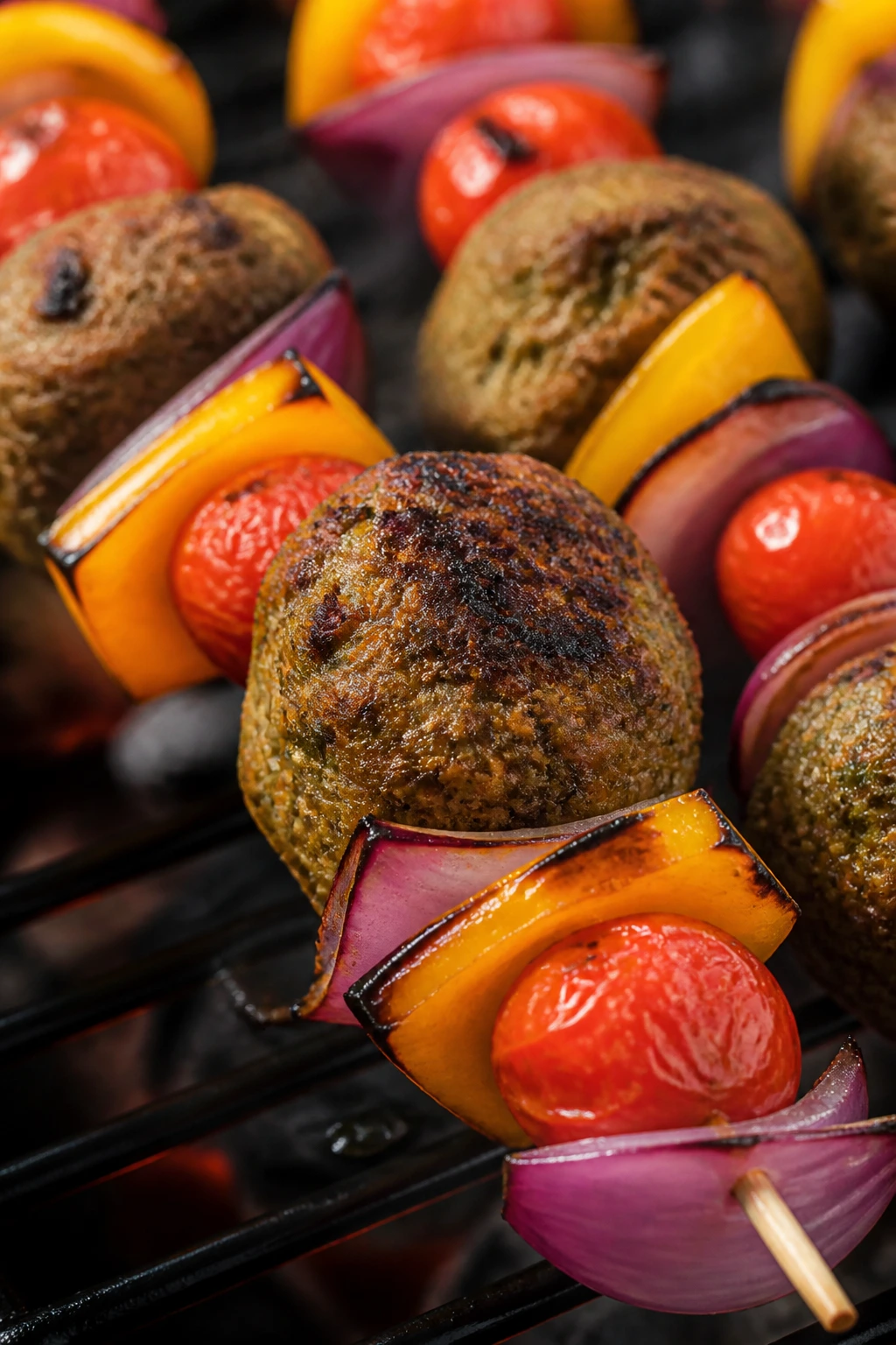 Close-up falafel skewers with peppers and tomatoes