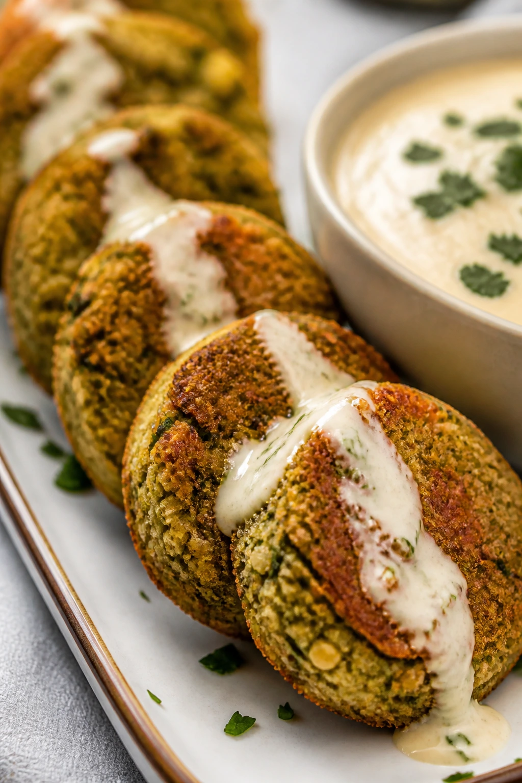 Golden baked falafel patties with a tahini drizzle