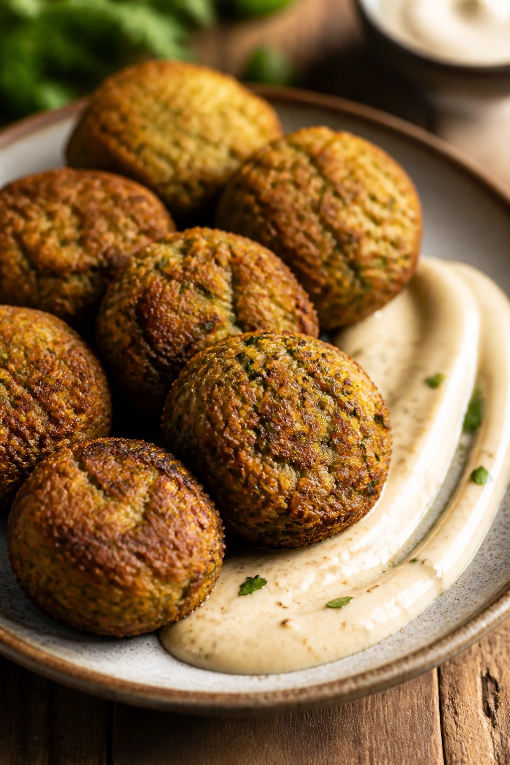 Falafel bites with tahini sauce on a plate