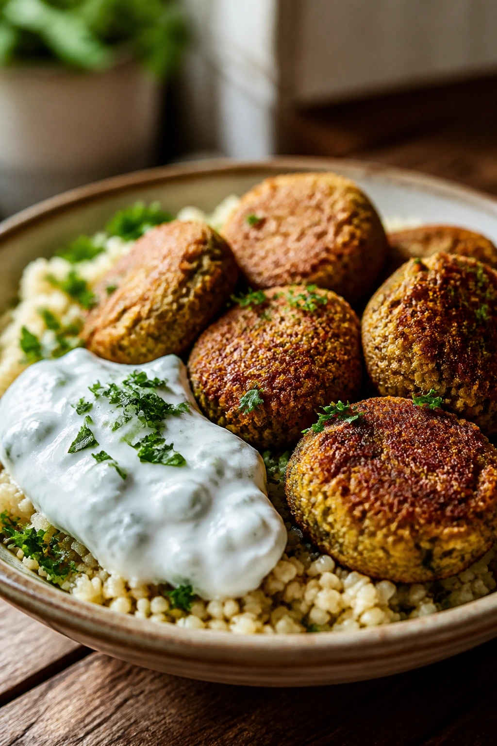 Close-up of baked falafel with tzatziki on couscous on a wooden table