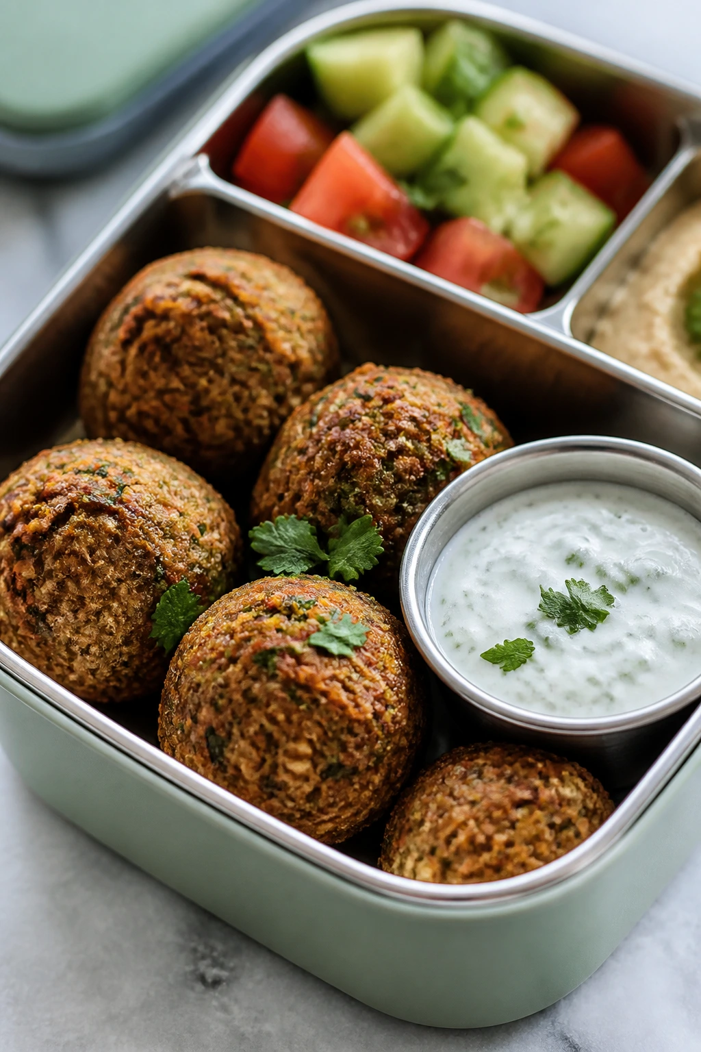 Crisp falafel in a lunchbox with tzatziki dip
