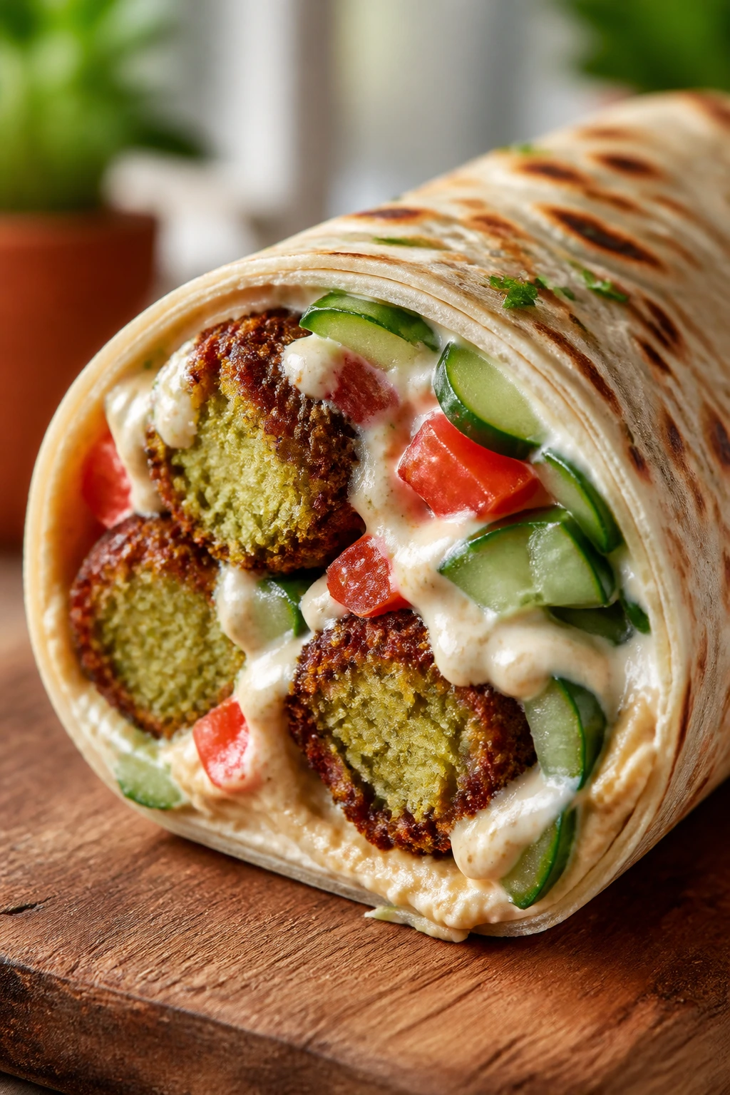 Close-up of falafel cucumber tahini wrap roll dominating the frame on a wooden board