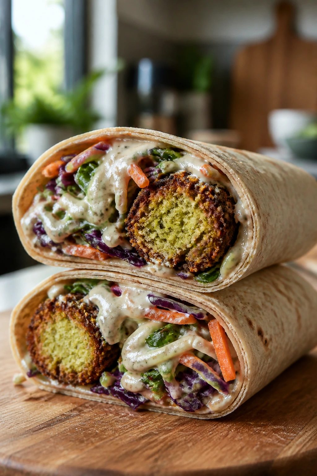 Close-up of crispy falafel and tahini slaw wrap halves on a kitchen counter