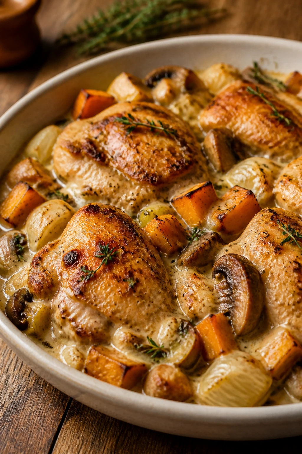 Close-up of a plated fall dinner with creamy sauce and roasted vegetables on a wooden table