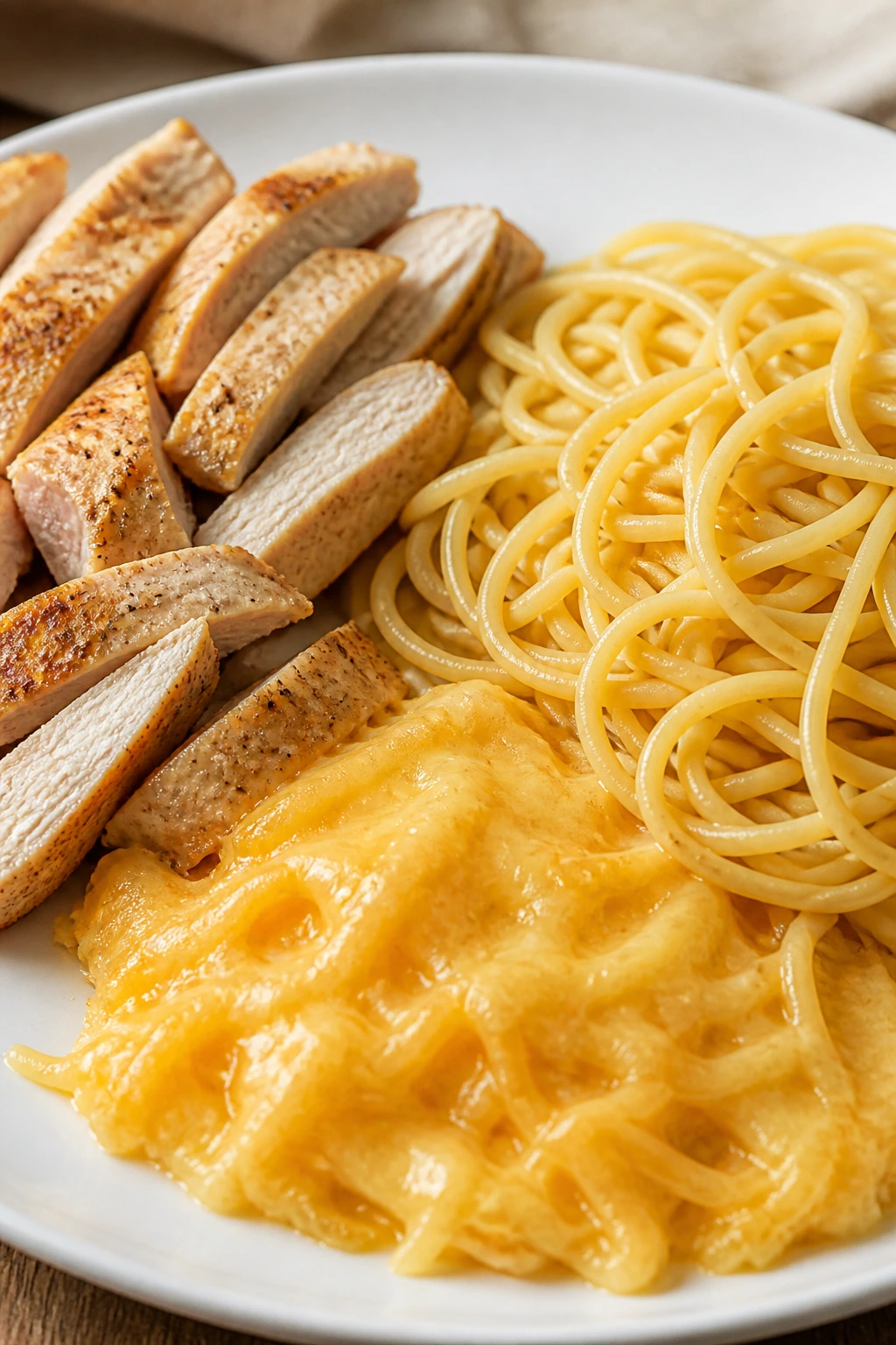 Plate with separated familiar dinner components: chicken, noodles, cheese