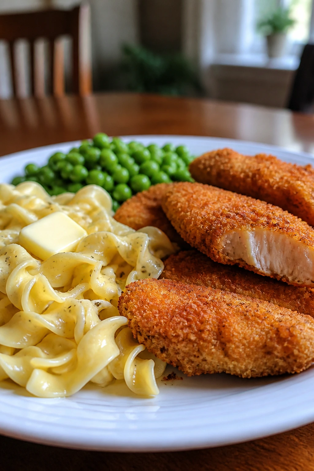 Close-up plate with crispy chicken tenders, buttered noodles and peas on a dining table.