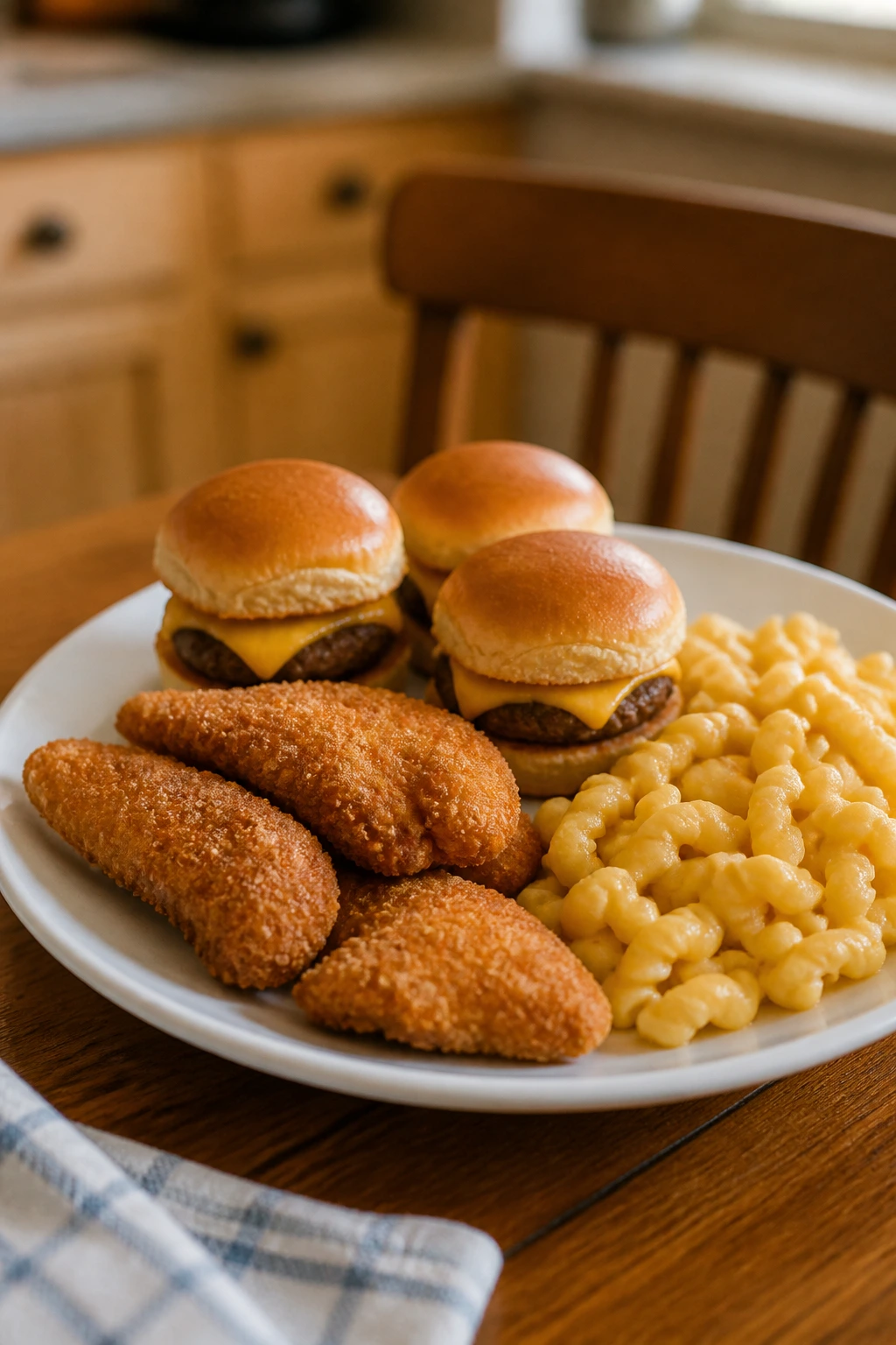 Plate of familiar kid-friendly dinners including tenders, sliders, and pasta