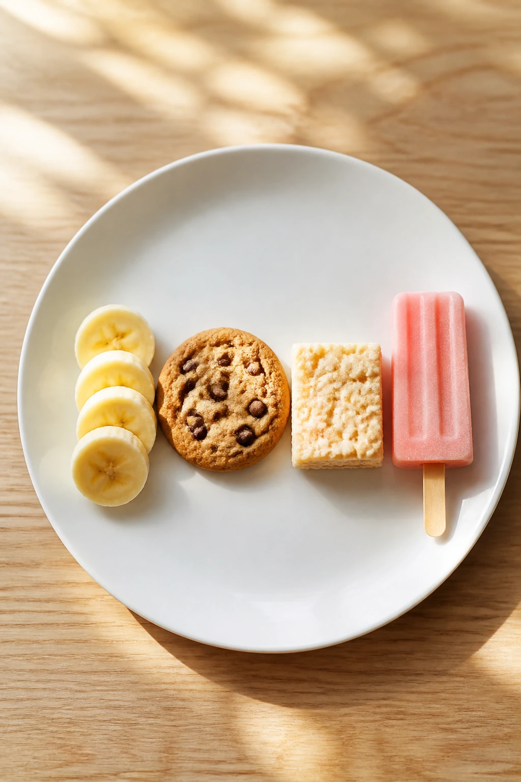 Plate with banana slices, cookie, square dessert, and popsicle