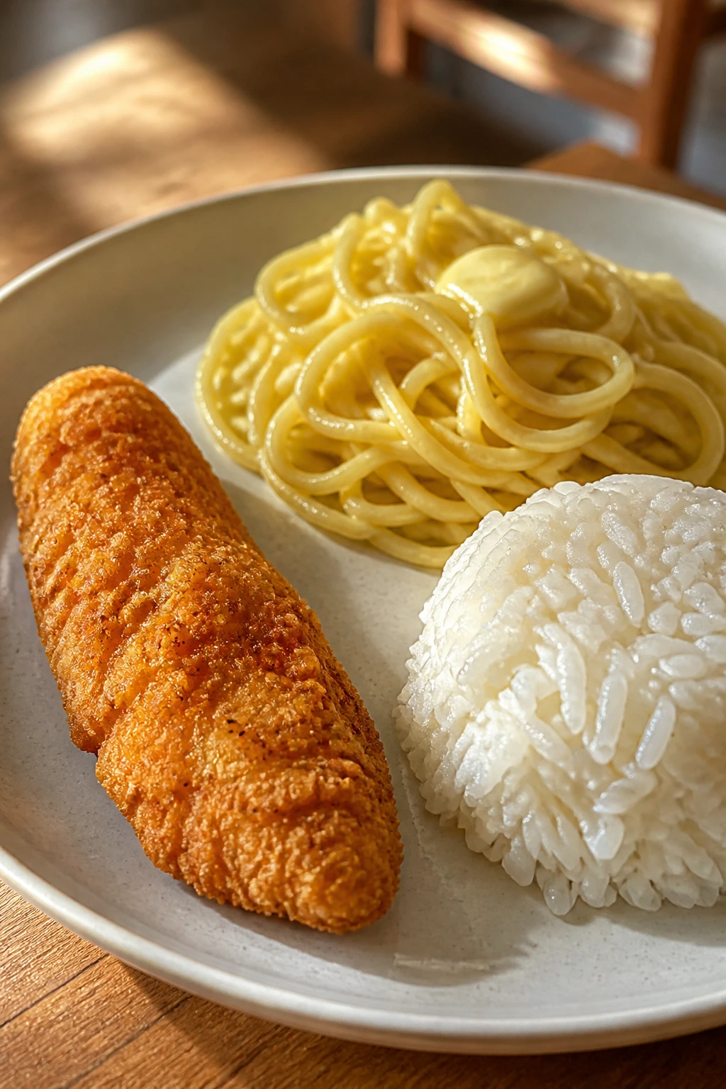 Close-up of familiar foods on a plate: chicken, noodles, and rice