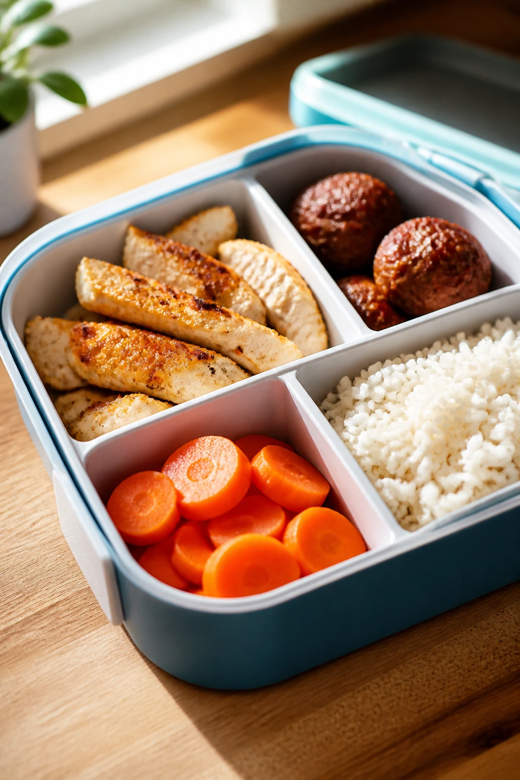 Close-up of an open lunchbox with familiar foods like chicken strips, meatballs, rice, and carrot coins