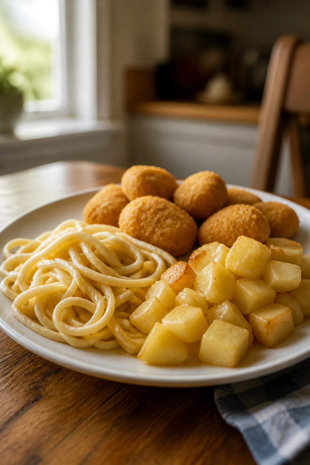 Plate of noodles, nuggets, and potatoes representing familiar kid-friendly meals