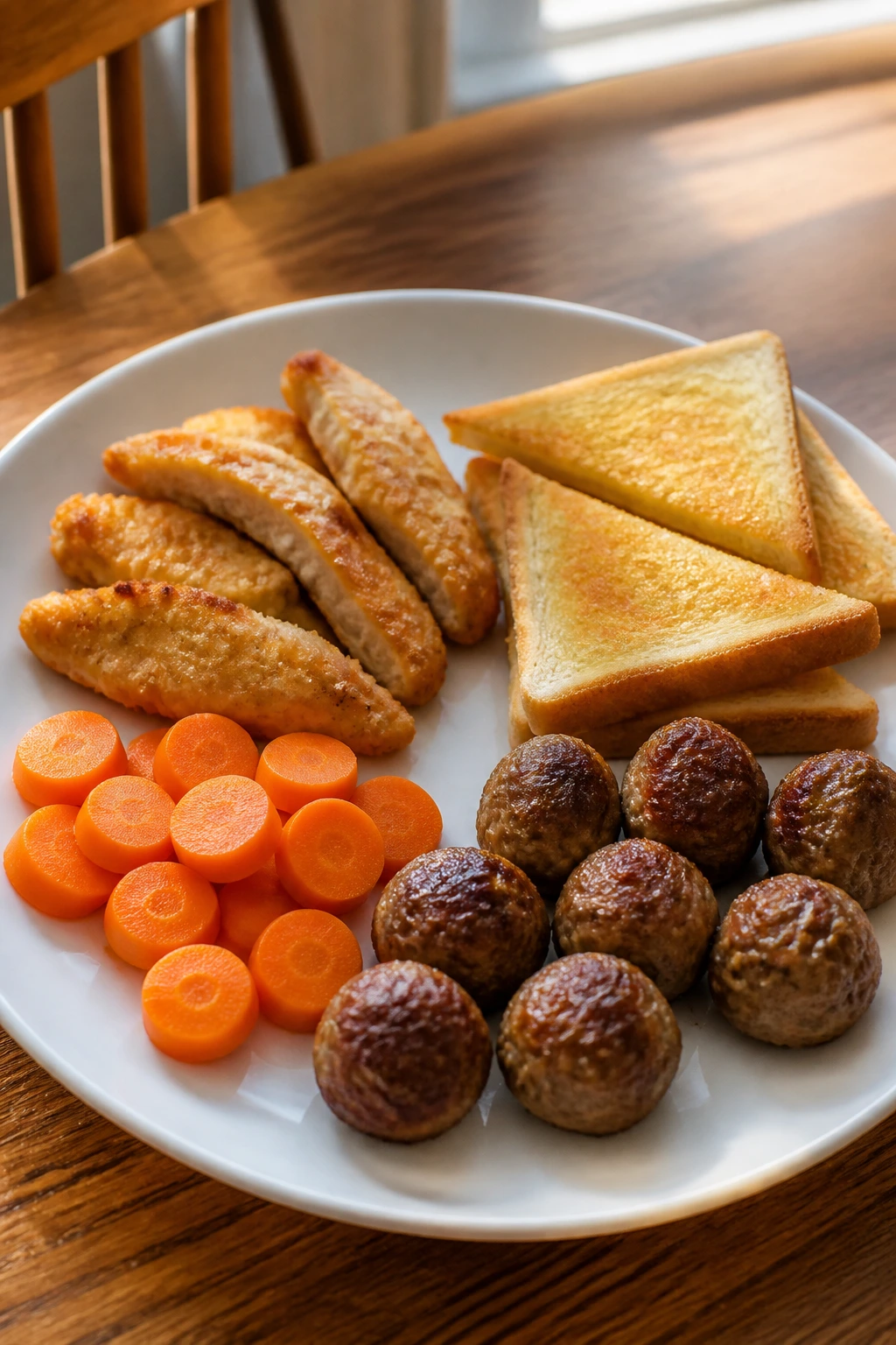 Plate showing familiar shapes like strips, wedges, meatballs, and coins