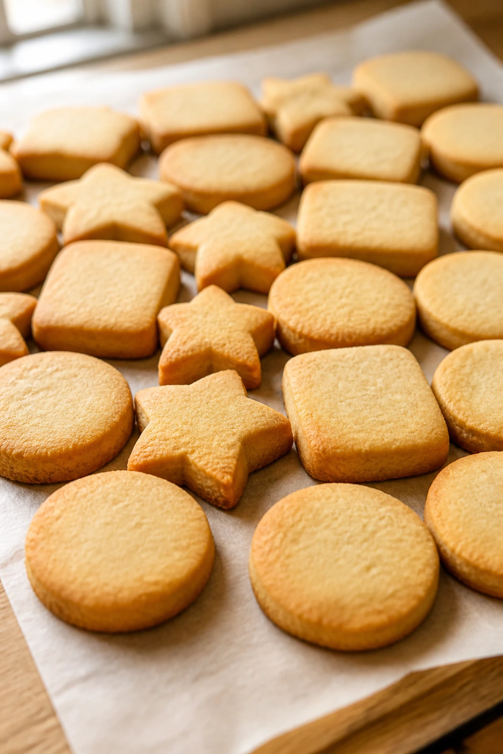 Close-up of familiar-shaped cookies filling the frame on parchment in a cozy kitchen