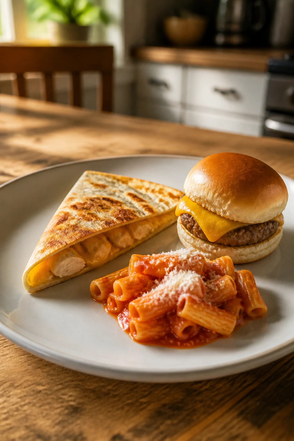 Close-up plate with familiar kid-friendly shapes: quesadilla wedge, slider, and pasta.