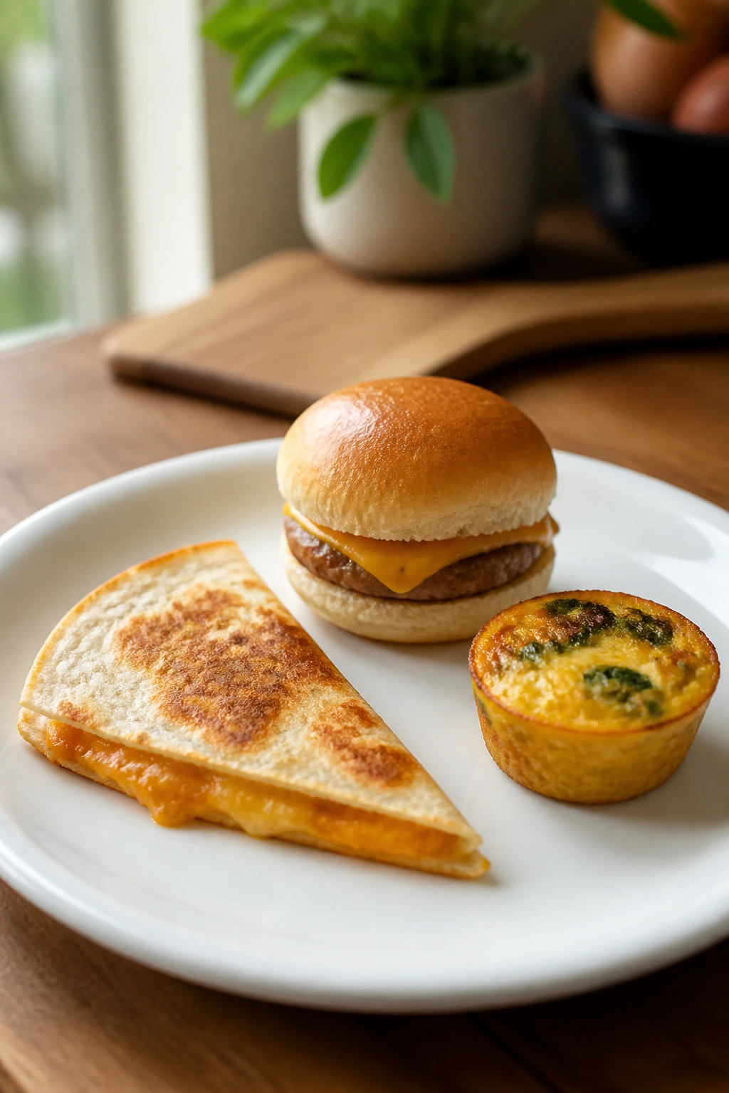 Plate with triangle quesadilla, slider, and muffin-tin egg bite on a kitchen counter