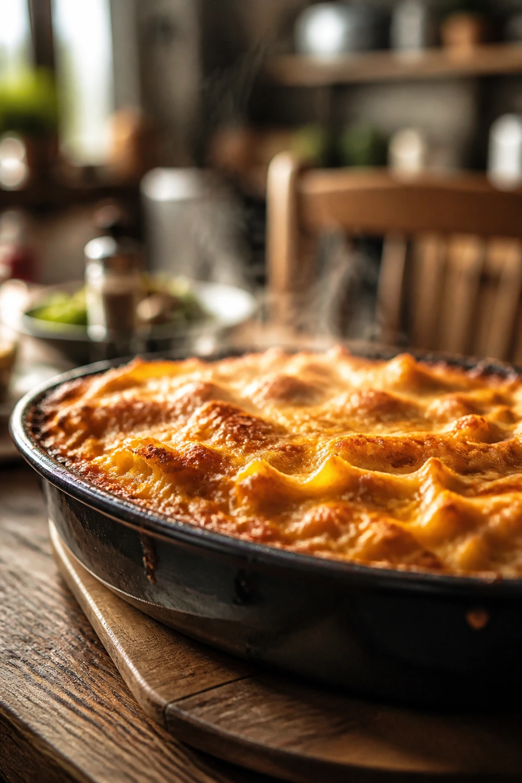 Pan of bubbling casserole on wooden table in cozy kitchen