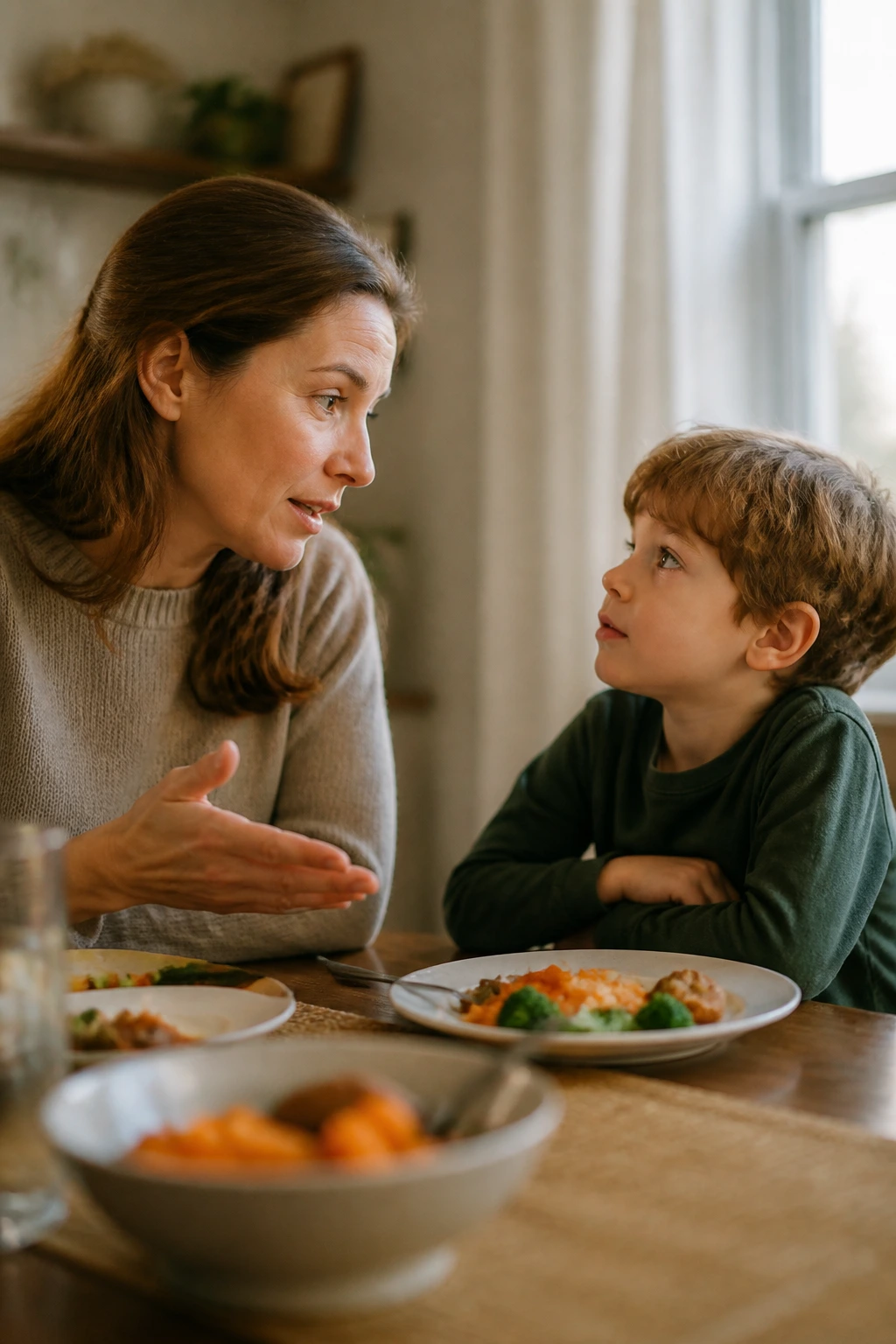 Medium-close portrait of a parent and child at a dining table during dinner, illustrating questions asked at mealtime